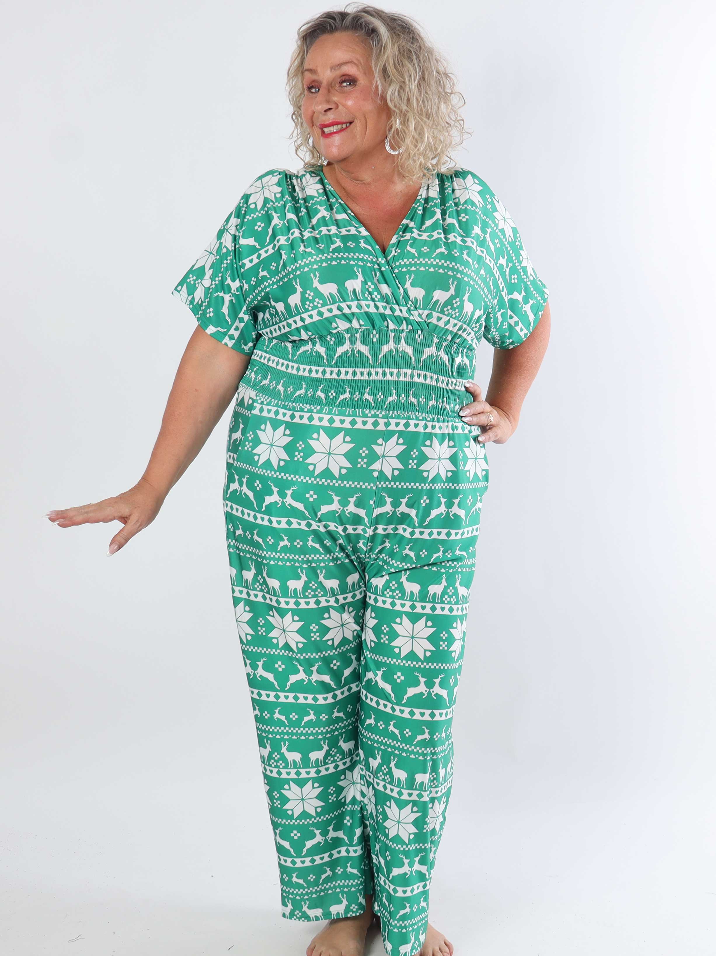 Pams Snow Jumpsuit - Elastisk plus size buksedragt med juleprint